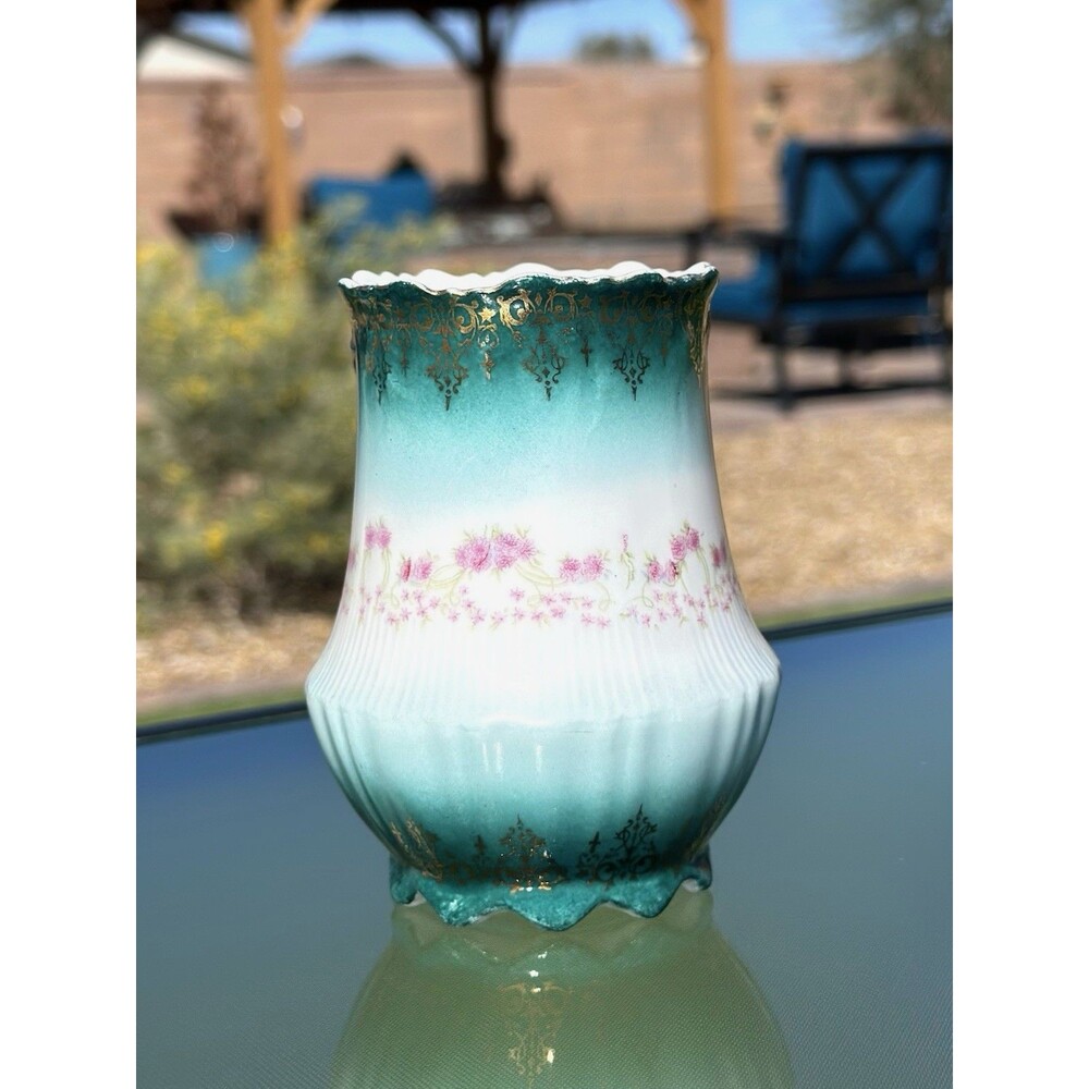 4.5" Antique Carl Tielsch C.T. Vase White & Teal w/ Gold accent & Pink Flowers